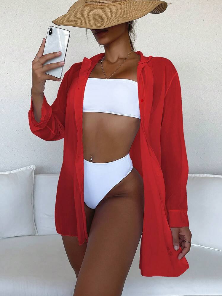 Swim Basics Summer Beach Solid Button Front Kimono | SHEIN