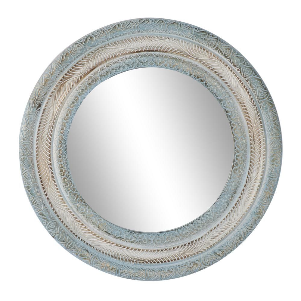 Litton Lane Large Round Vintage Light Blue And White Wood Carved Wall Mirror, 36 in. x 36 in. | The Home Depot