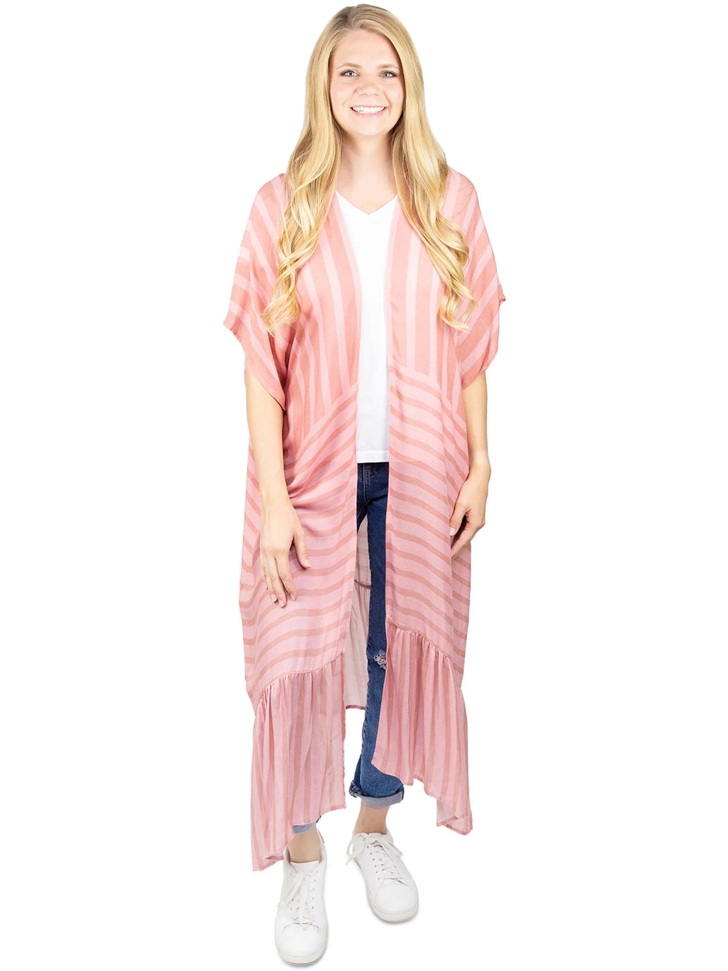 Time and Tru Women's Coral Duster Layering Piece with Stripe Pattern - Walmart.com | Walmart (US)