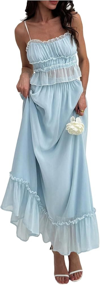 SOLY HUX Women's Skirt Sets 2 Piece Outfits Contrast Trim Ruffle Hem Cami Tops and Maxi Skirt Vac... | Amazon (US)