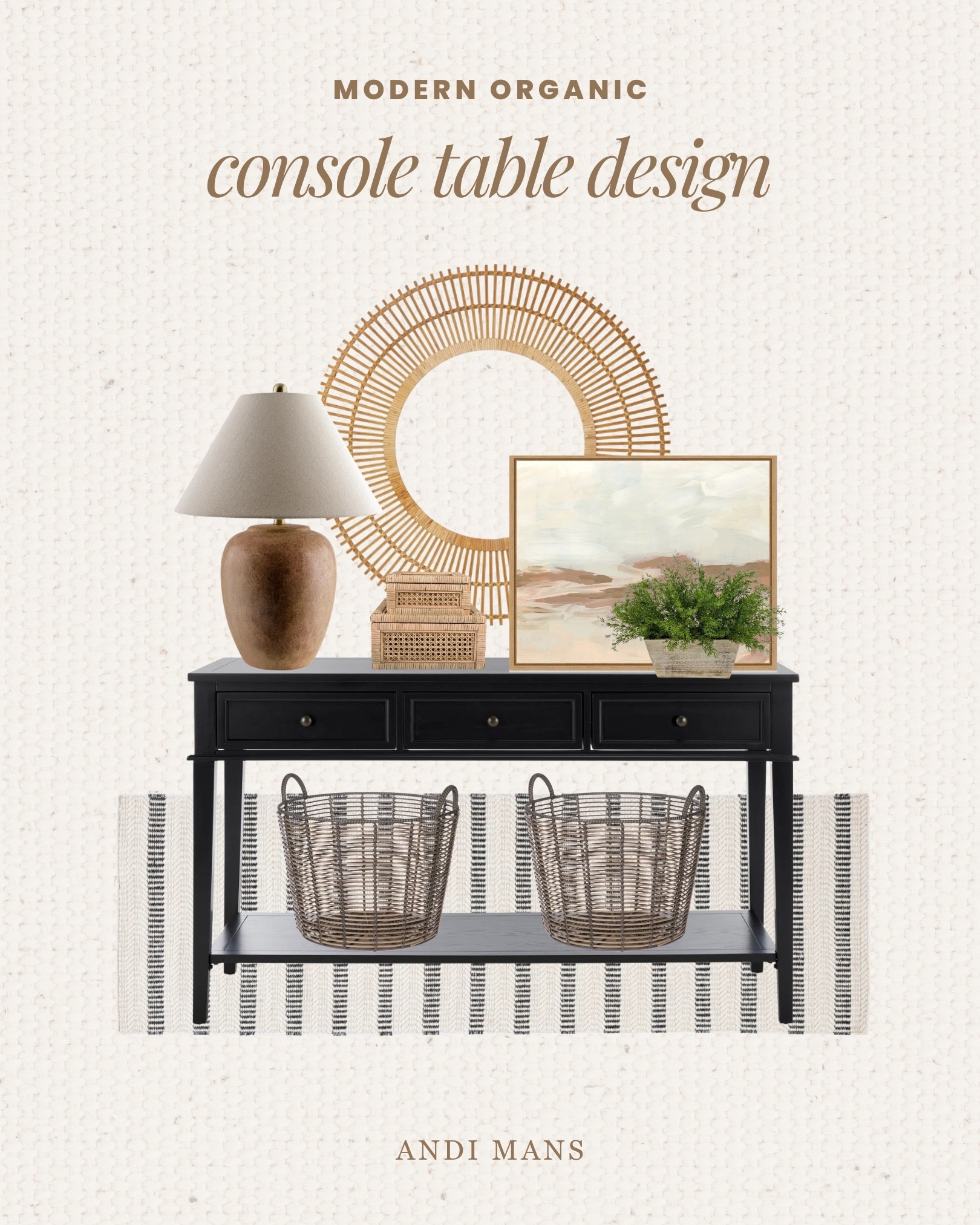 Modern organic console table design. Love this black console table and earthy round mirror! Grab the look!

#LTKSaleAlert #LTKHome #LTKOver40