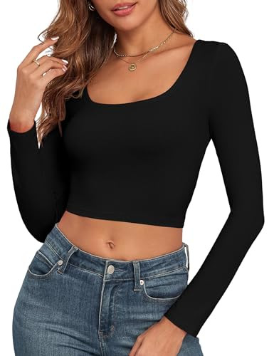 Cute Long Sleeve Crop Tops for Women Ribbed Square Neck Slim Fitted Casual Lady Fashion Y2K Top 2024 (Black Medium) | Amazon (US)