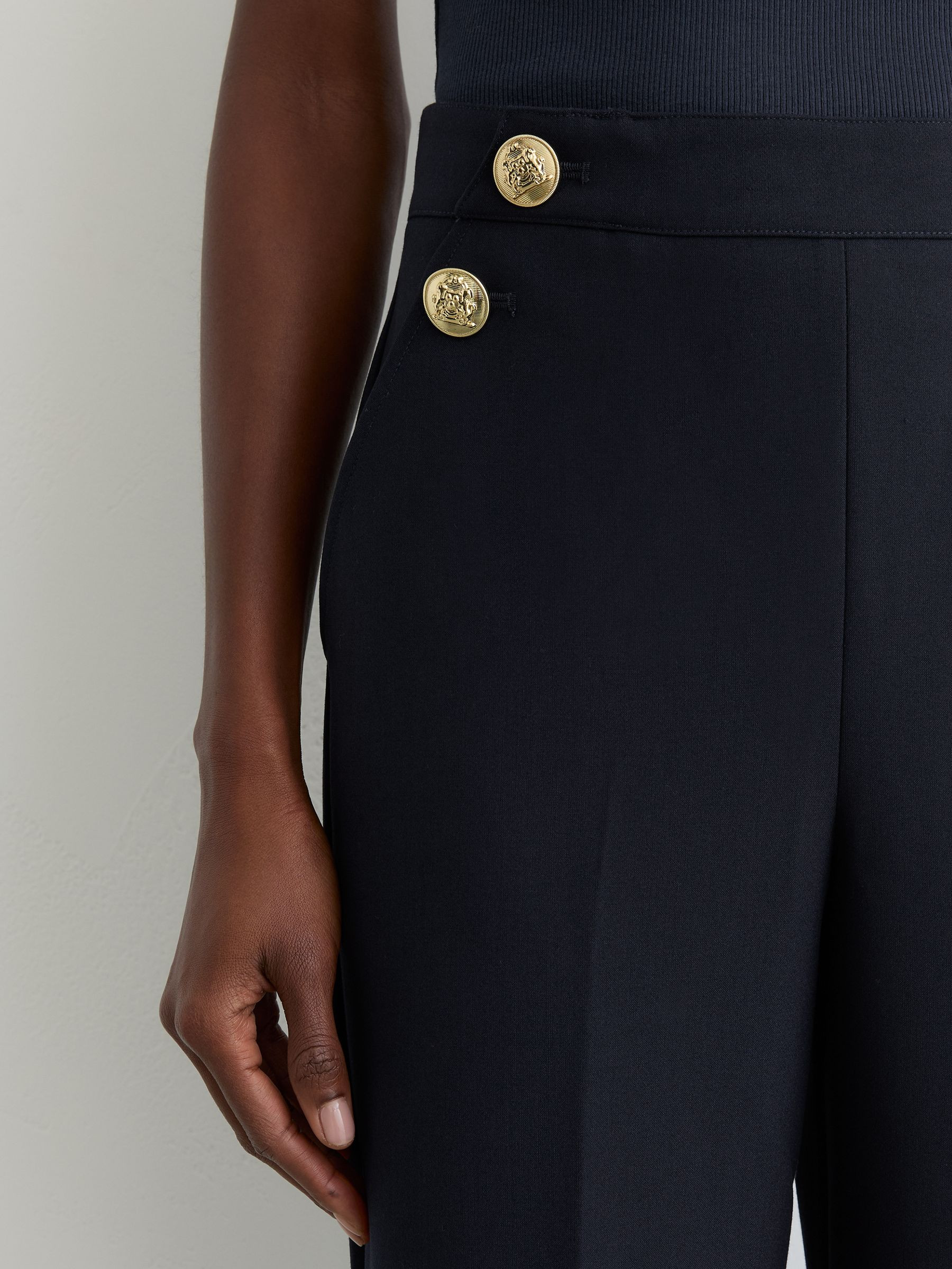 Wide-Leg Button-Detail Trousers in Navy | Reiss UK