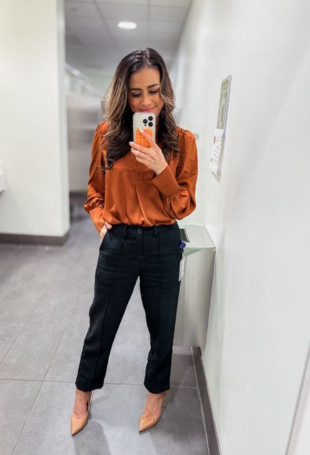 Workwear OOTD fall outfit . I am loving this burnt orange blouse! Comes in more colors and on sale under $30 at checkout! 
Perfect outfit for the office.
Corporate wear // viral work pants 


#LTKworkwear #LTKHolidaySale #LTKsalealert