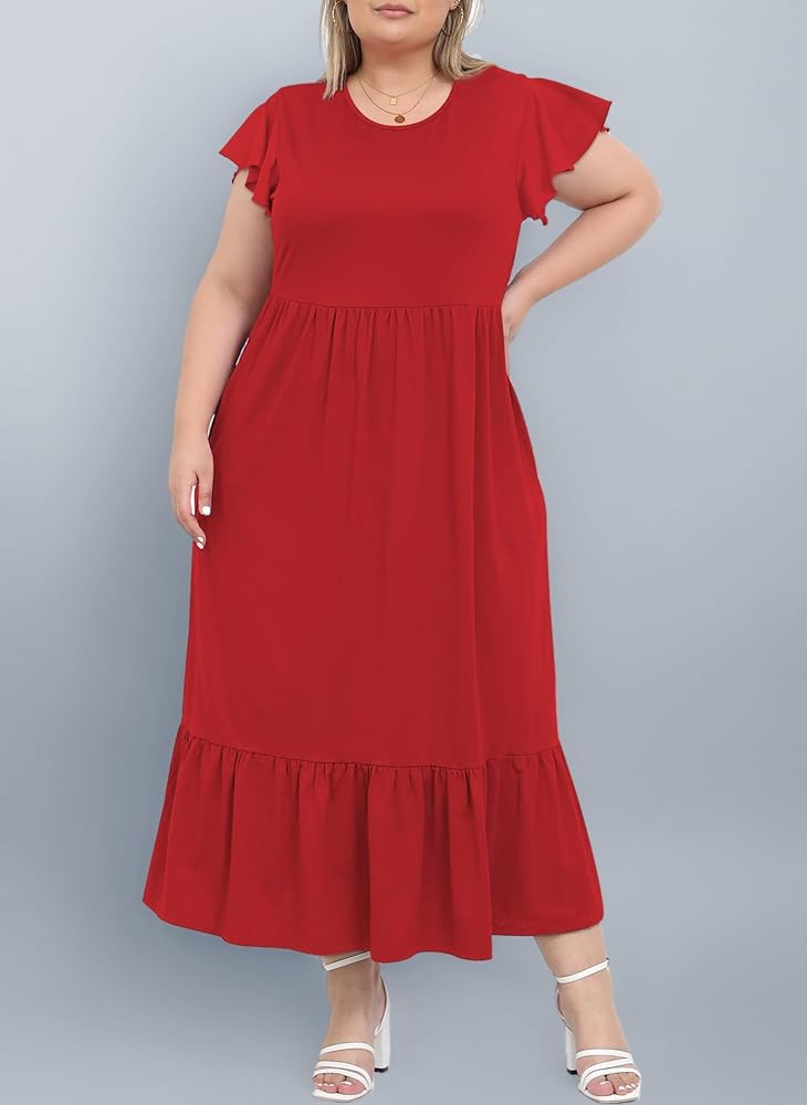 Moon Wood Damen Sommerkleid Lang Freizeit Maxikleid Curvy Blumenkleid mit Kurzarm und Taschen Gro... | Amazon (DE)