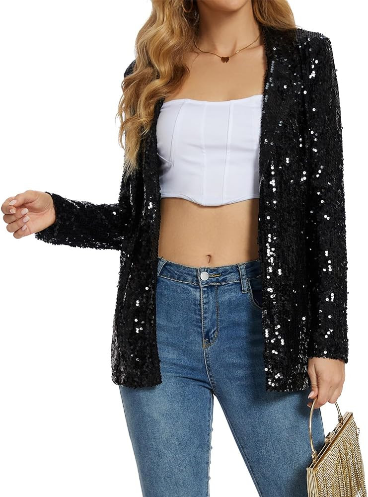 Ypser Women's Sequin Blazer Open Front Sparkle Jacket Glitter Coat for Evening Party | Amazon (US)