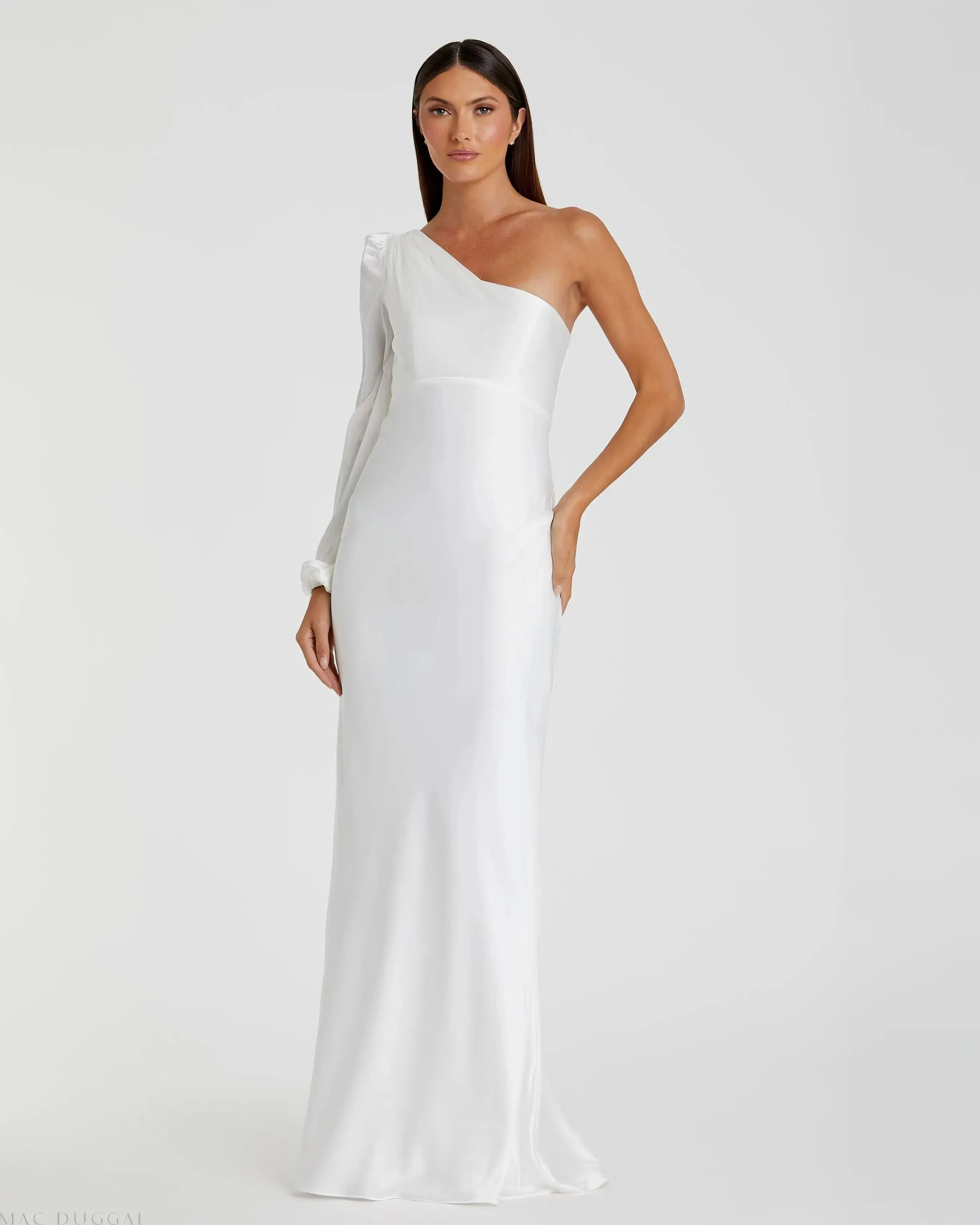 White One Shoulder Blouson Sleeve Gown - Mac Duggal | Mac Duggal