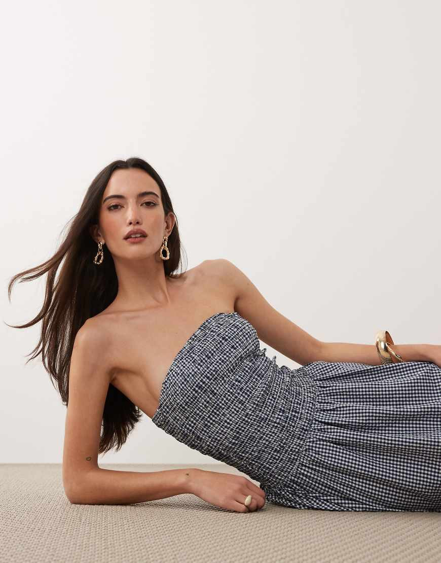 Brave Soul strapless midi dress with shirred bodice in blue and white gingham check | ASOS (Global)