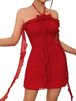 SOLY HUX Women's Summer Dresses Halter Bodycon Irregular Ruffle Trim 3D Flower Cami Mini Party Cl... | Amazon (US)