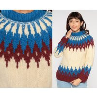 70S Wool Ski Sweater Icelandic Mock Neck Blue Cream Fair Isle Boho Nordic Bohemian Knit Retro Pullov | Etsy (US)