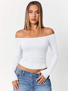 Trendy Queen Womens Long Sleeve Off The Shoulder Tops Going Out Cute Basic Y2K Fall Fashion 2025 ... | Amazon (US)