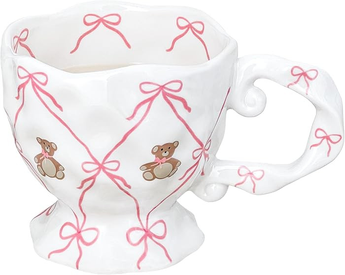 Cute Coffee Mug with Pink Bow Bear, Handmade Kawaii Ceramic Mug for Tea Milk Latte Cocoa 14 oz Fu... | Amazon (US)