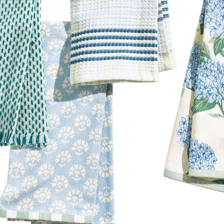 Beautiful Home by Drew Barrymore Floral Trellis Kitchen Towel Set, 4 Piece, Blue, 18" x 28" | Walmart (US)