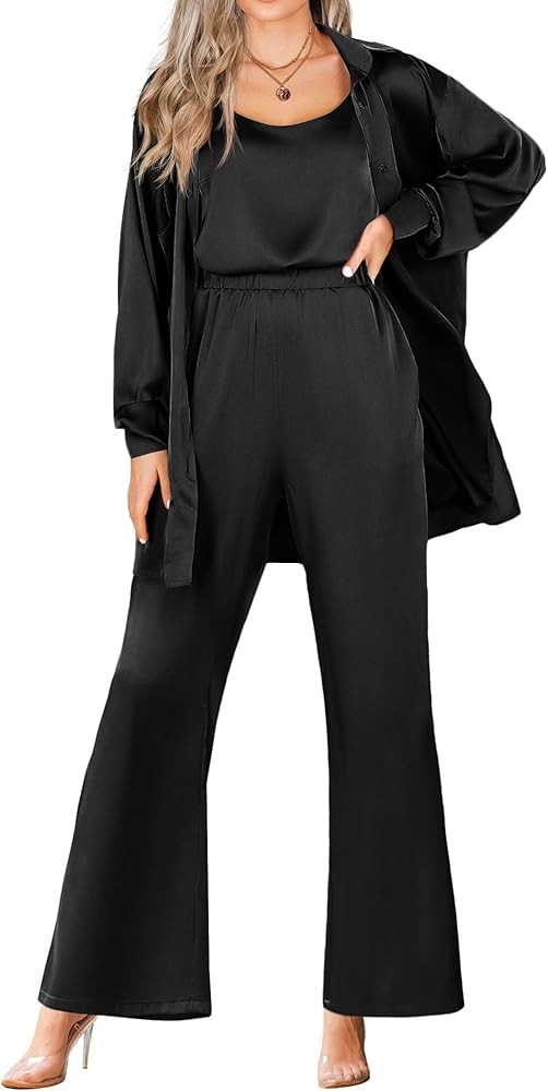 Ekouaer Womens Silk 3 Piece Pajamas Satin Camisole Loungewear Set Button-Down Cardigan with Loose... | Amazon (US)