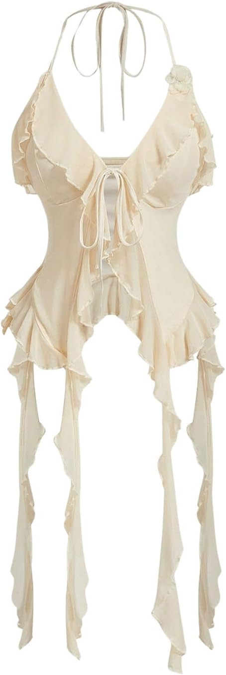 WDIRARA Women's 3D Flower Tie Front Ruffle Halter Top Tie Backless Camisole | Amazon (US)