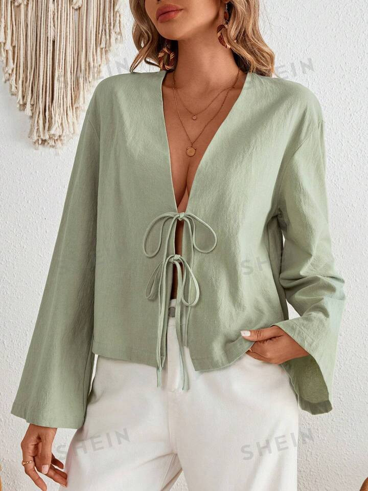 SHEIN VCAY Holiday Solid Color Woven Loose-Fitting Regular Women's Shirt With Flare Sleeves4.86(3... | SHEIN