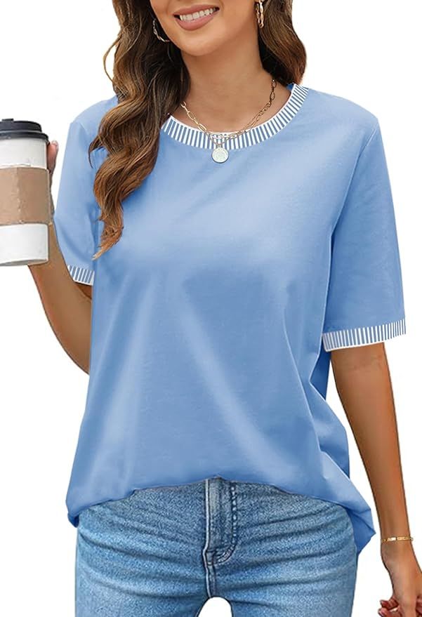 MEROKEETY Women's 2024 Short Sleeve Striped Color Block T Shirts Crewneck Loose Casual Tee Tops | Amazon (US)