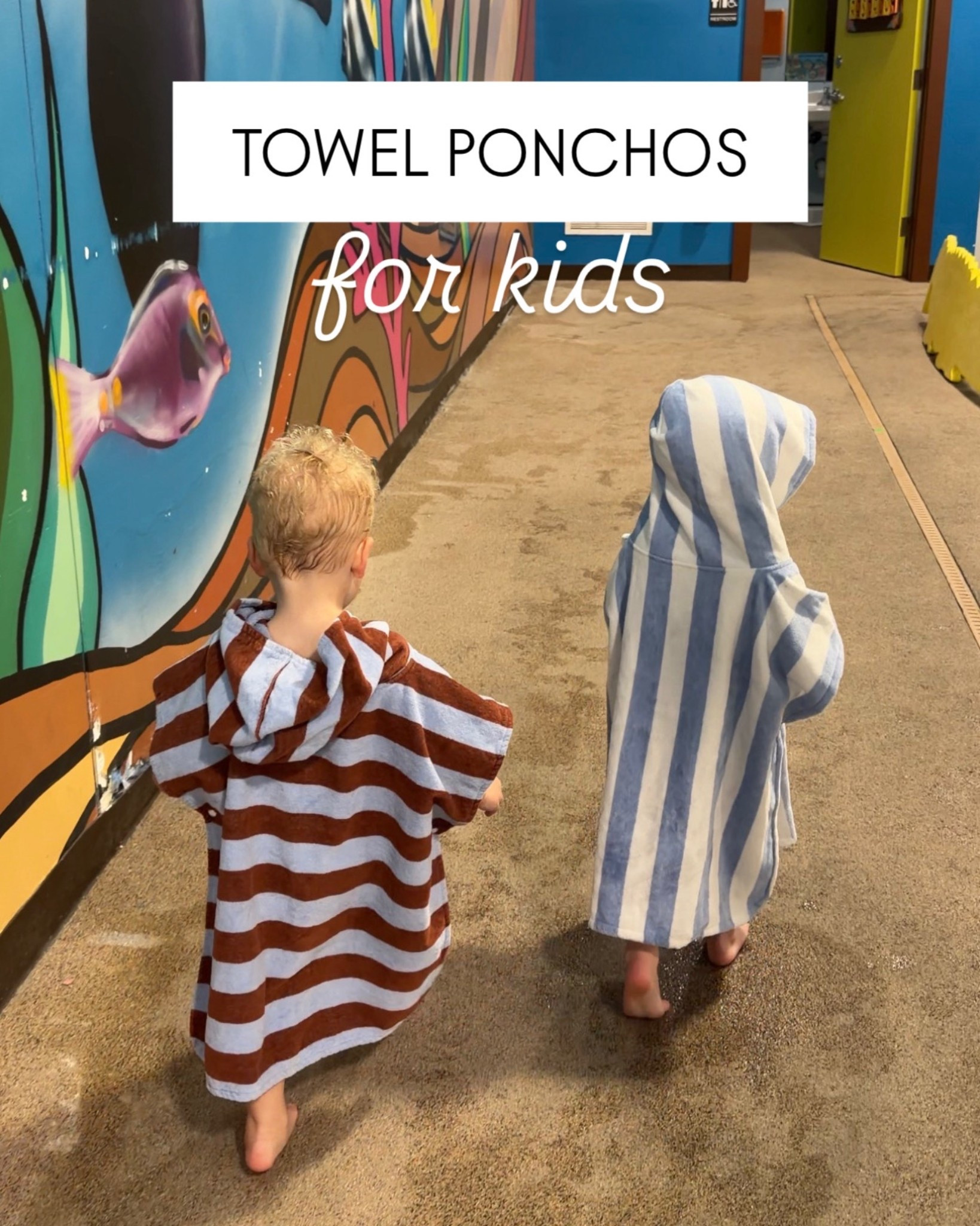I recently learned that wrapping your kids in a towel burrito isn’t safe because if they fall they can’t use their hands to brace themselves. So TOWEL PONCHOS are the safe solution! Perfect for after swim lessons!