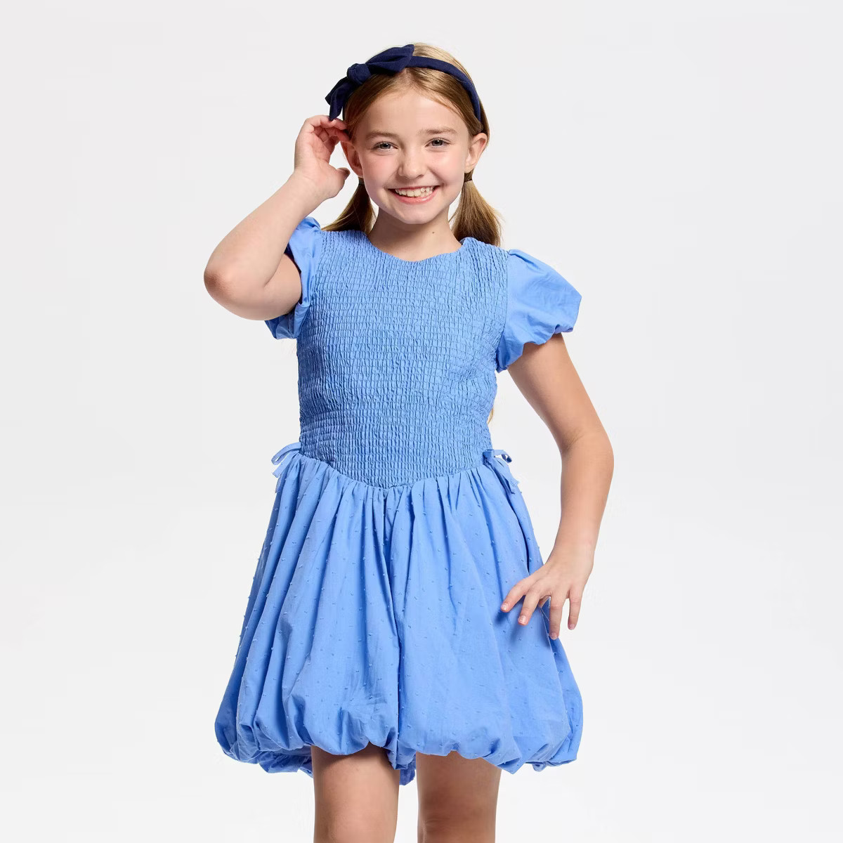 Owillo® Girls' Short Sleeve Smocked Bodice Bubble A-Line Dress - Blue | Target