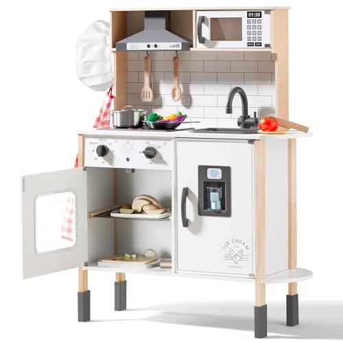 Tiny Land Play Kitchen for Kids, Wooden Kids Play Kitchen Playset Chef Pretend Play Set for Toddlers with Real Lights & Sounds, Toys Kitchen with 18 Pcs Toy Food & Cookware Accessories | Amazon (US)