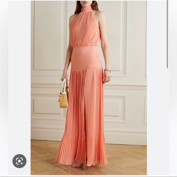VERONICA BEARD Lilliana Maxi Bright Coral Halter Pleated Dress Gown - NEW | Poshmark