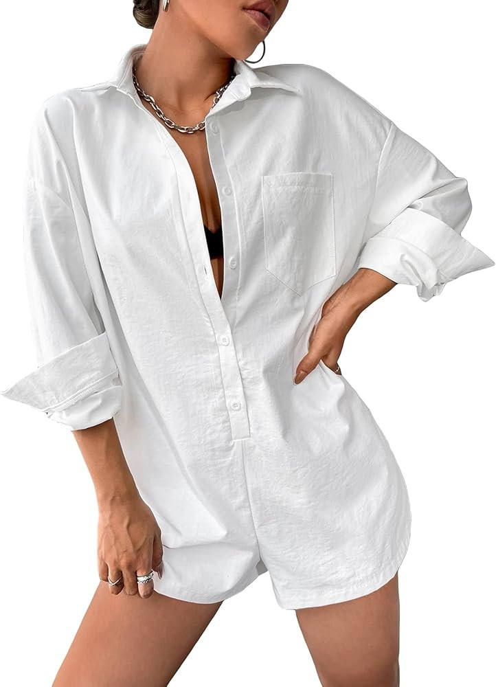 Floerns Women's Solid Button Down Long Sleeve Drop Shoulder Shirt Short Romper | Amazon (US)
