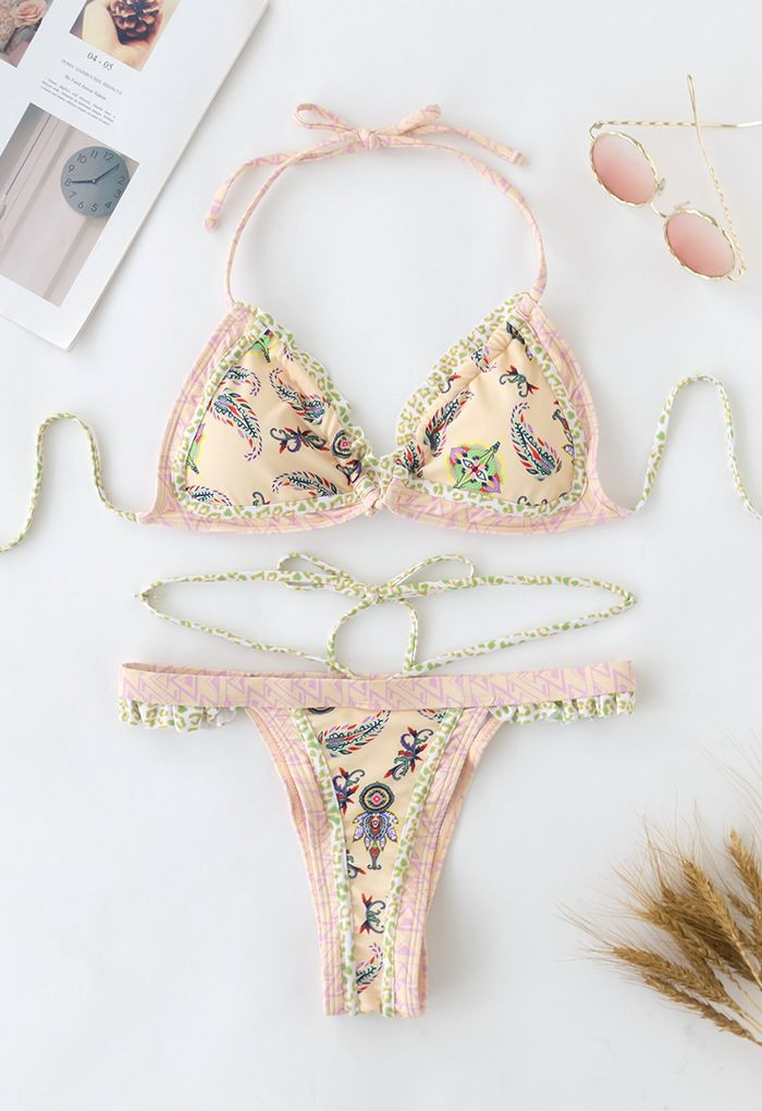 Boho Tie-String Bikini Set in Light Yellow | Chicwish