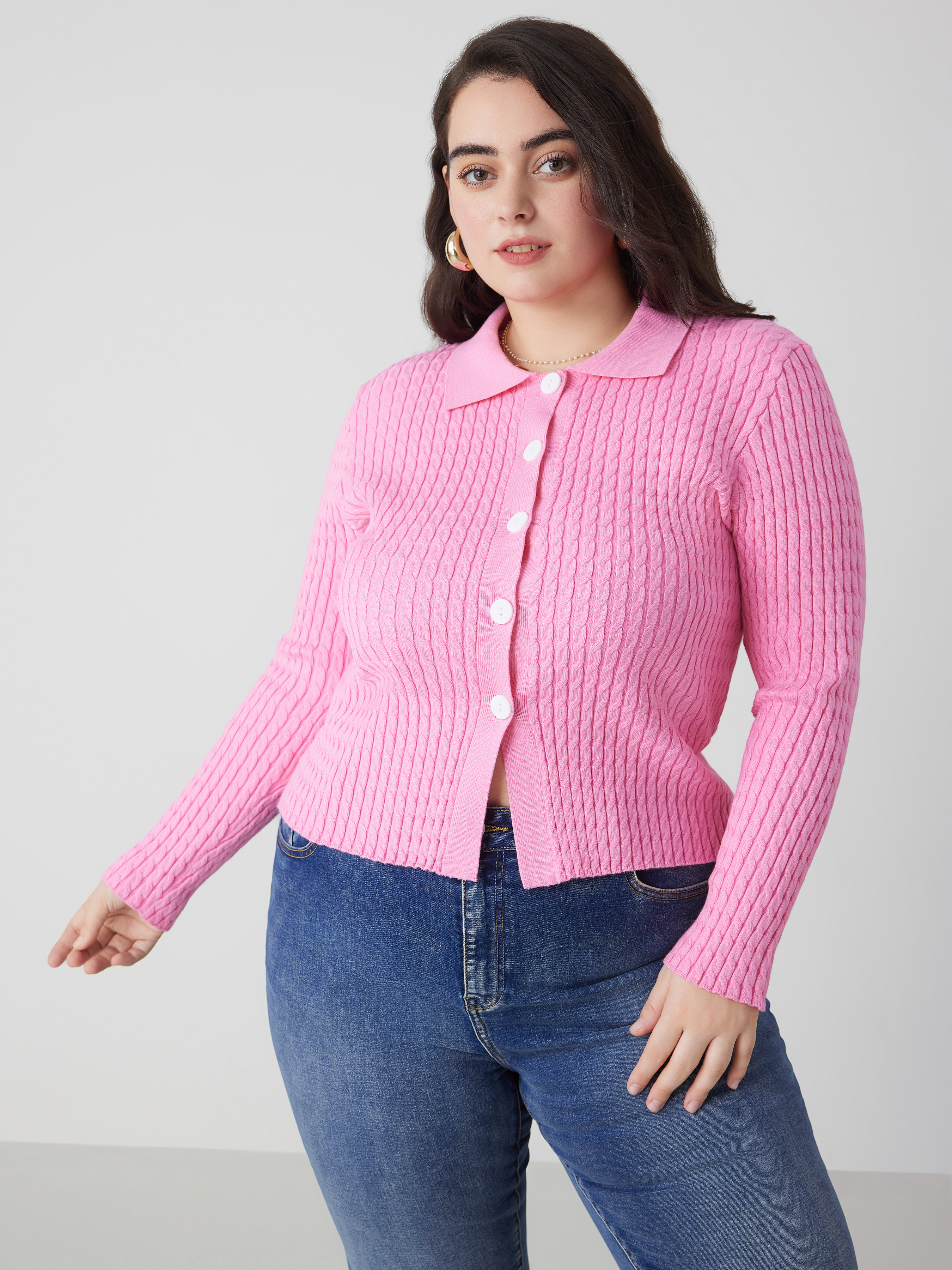 Knit Fabric Knit Collar Solid Button Cardigan Curve & Plus For Daily Casual School | Cider