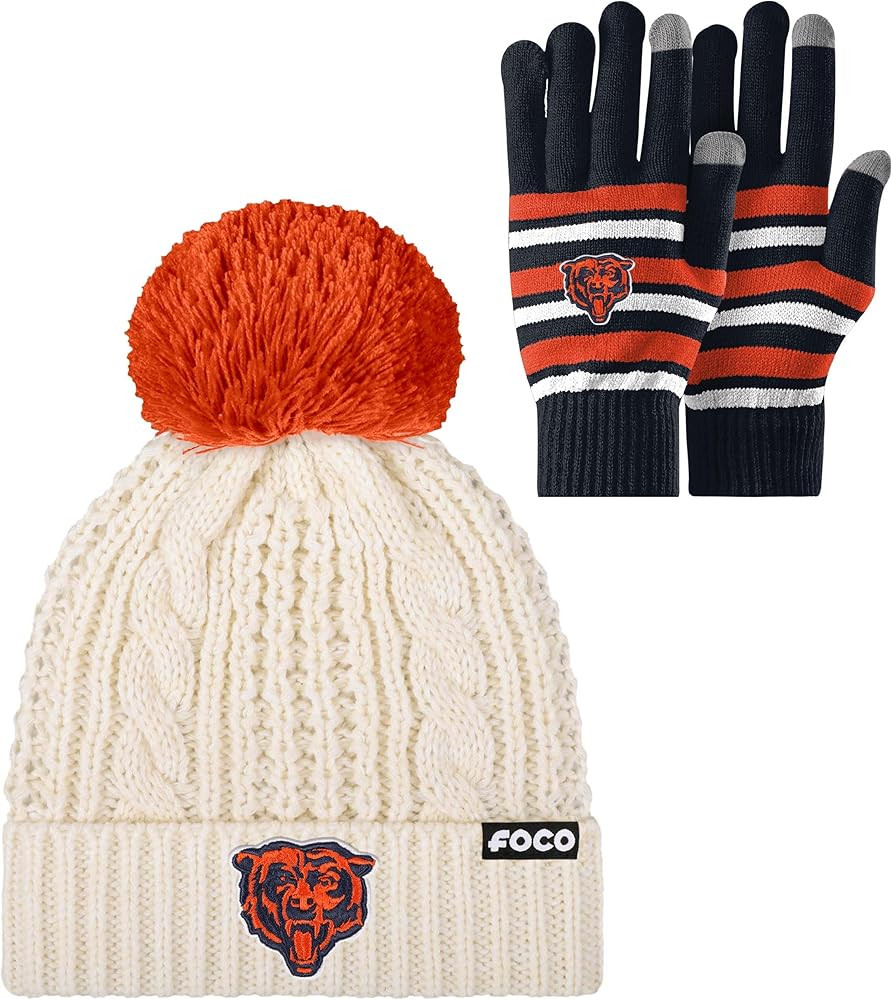 FOCO NFL unisex-adult Nfl Team Logo Adult Stretch Gloves With White Pom Cable Winter Knit Hat Bea... | Amazon (US)