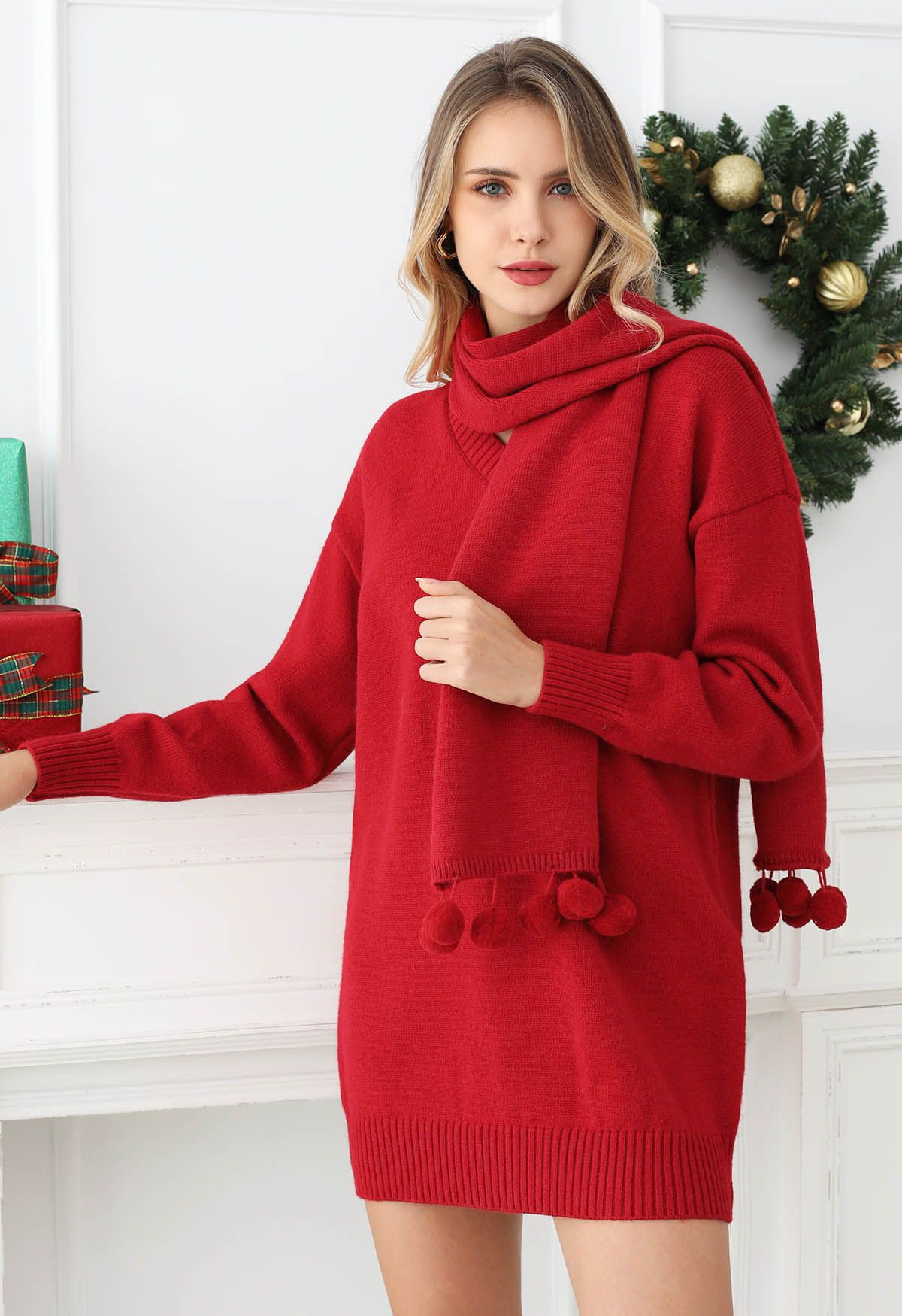 Cozy Red Dropped Shoulder Knit Sweater Dress with Pom-Pom Scarf | Chicwish