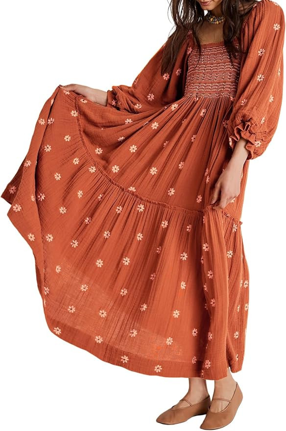 R.Vivimos Women's Cotton Floral Embroidered Boho Midi Dress with Pockets | Amazon (US)