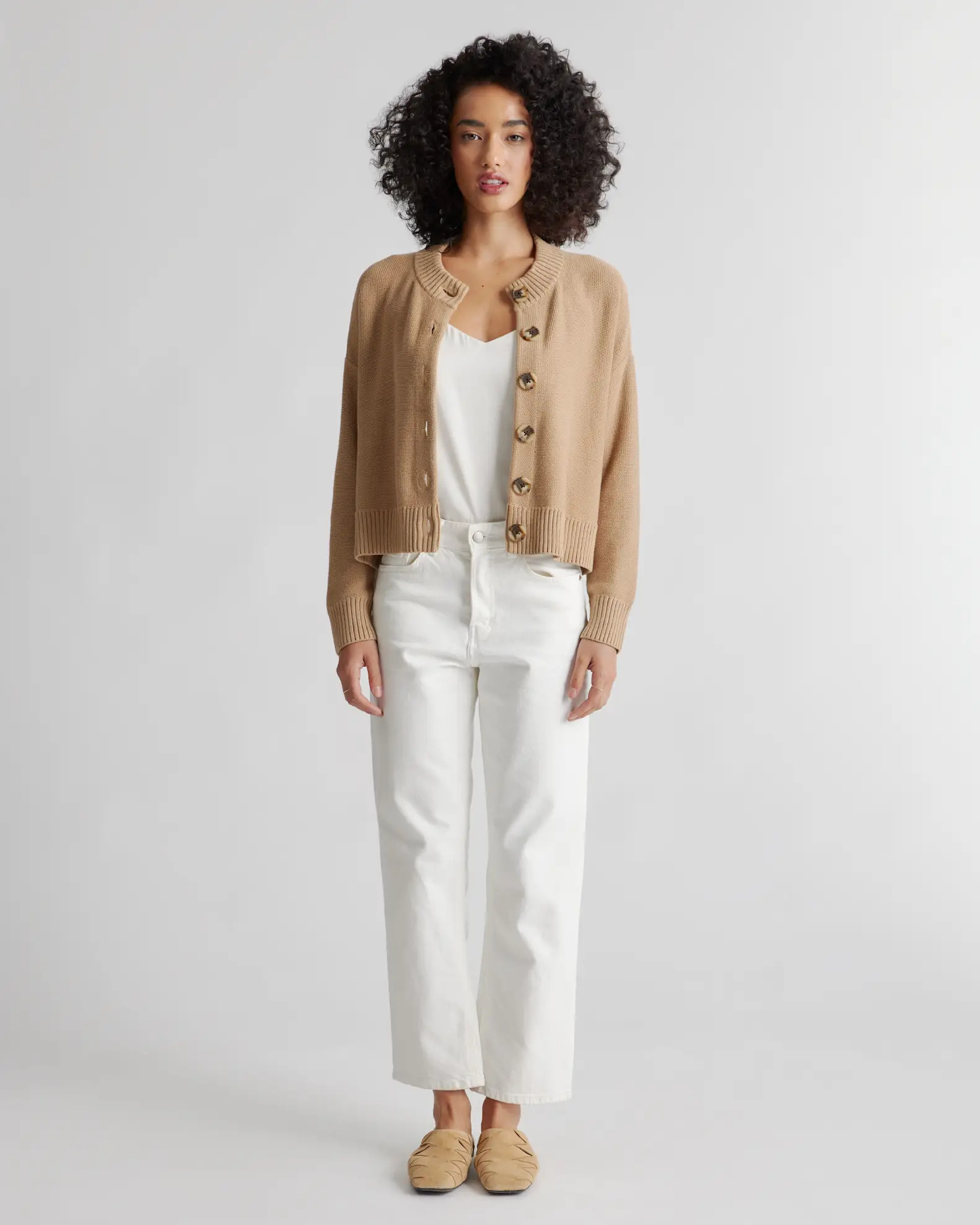 100% Organic Cotton Cropped Cardigan in Camel | Quince