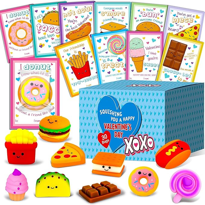 Valentines Day Cards for Kids School - 30 Pack Kawaii Mochi Squishy Valentines for Class, Non Can... | Amazon (US)