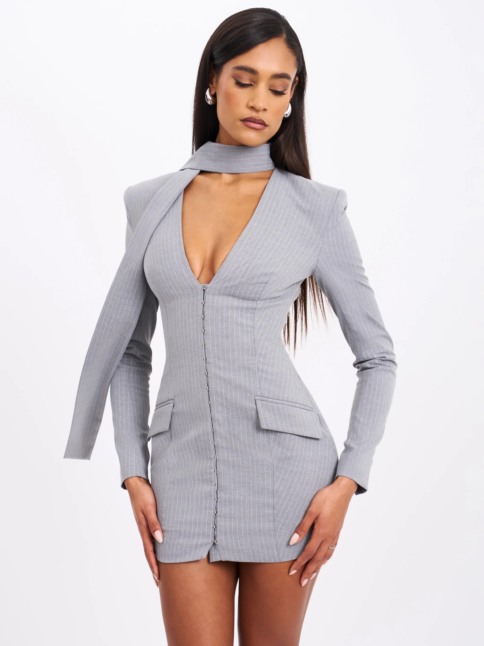 Tahlia Deep V Pinstripes Gray Blazer Dress with scarf collar | Miss Circle