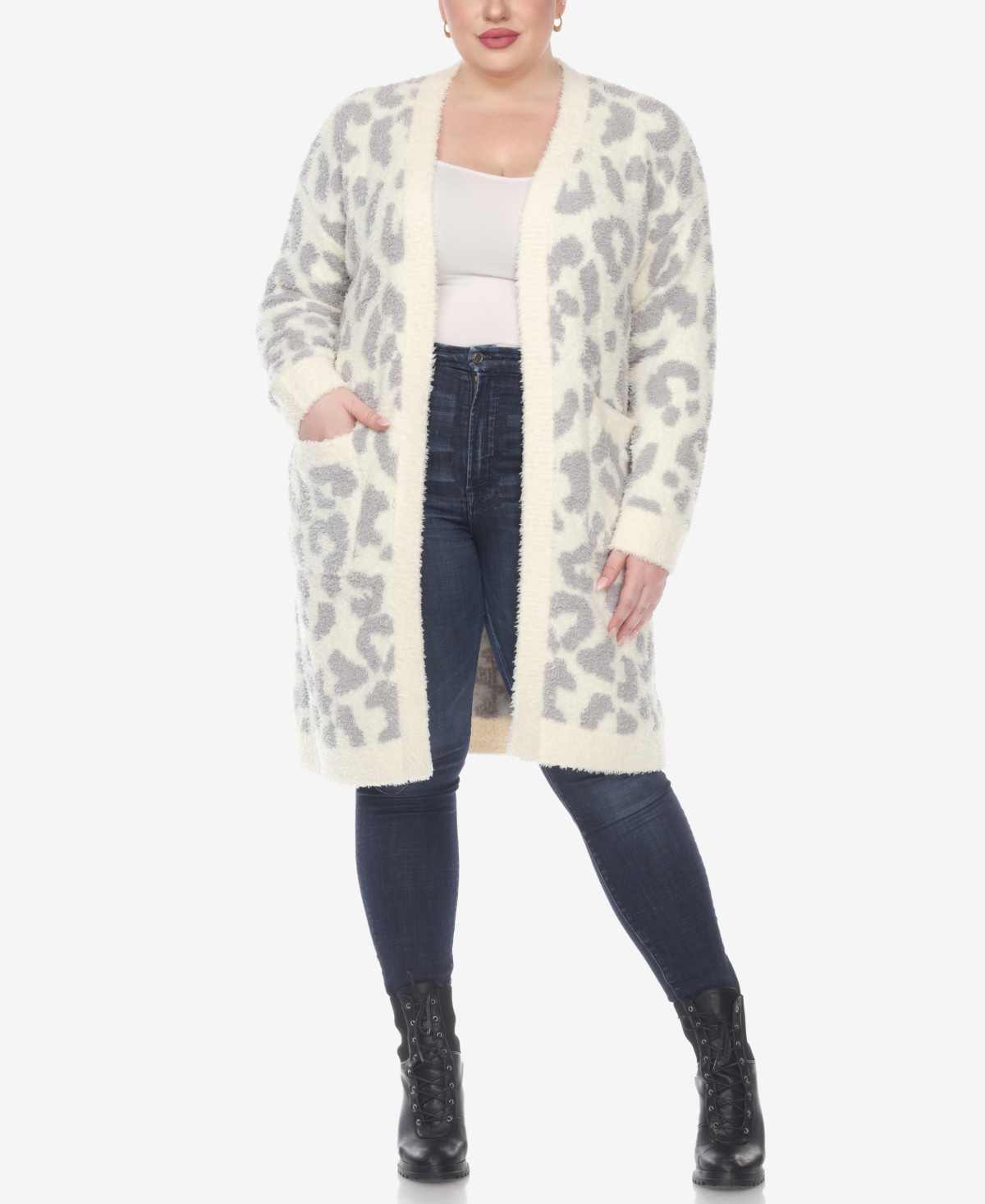White Mark Plus Size Leopard Print Open Front Sherpa Sweater - Beige | Macy's