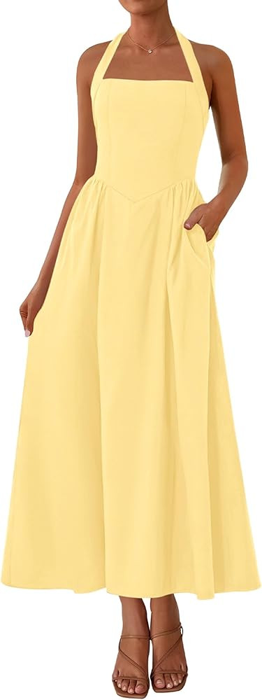 KIRUNDO Women Summer Sleeveless Halter Maxi Dress Sundress 2025 Casual Flowy Wedding Guest Cockta... | Amazon (US)