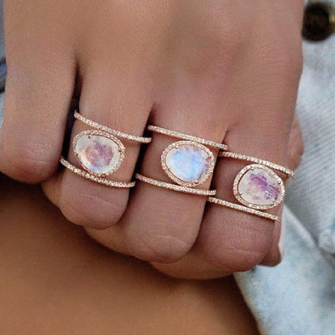 Weishu New Irregular Natural Moonstone Ring Plated in 14k Rose Gold Yellow Gold White Gold Micro-... | Amazon (US)
