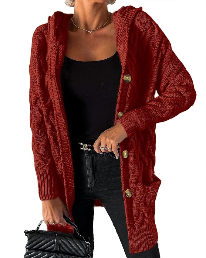 MASCOMODA Women's Long Sleeve Cardigan Sweaters 2023 Fall Winter Button Down Cable Knit Hooded Ou... | Amazon (US)