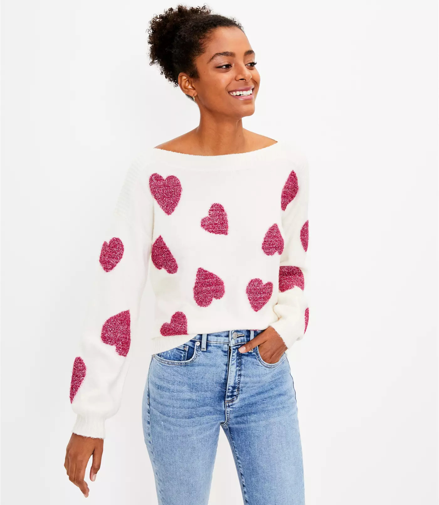 Shimmer Heart Boatneck Sweater | LOFT | LOFT