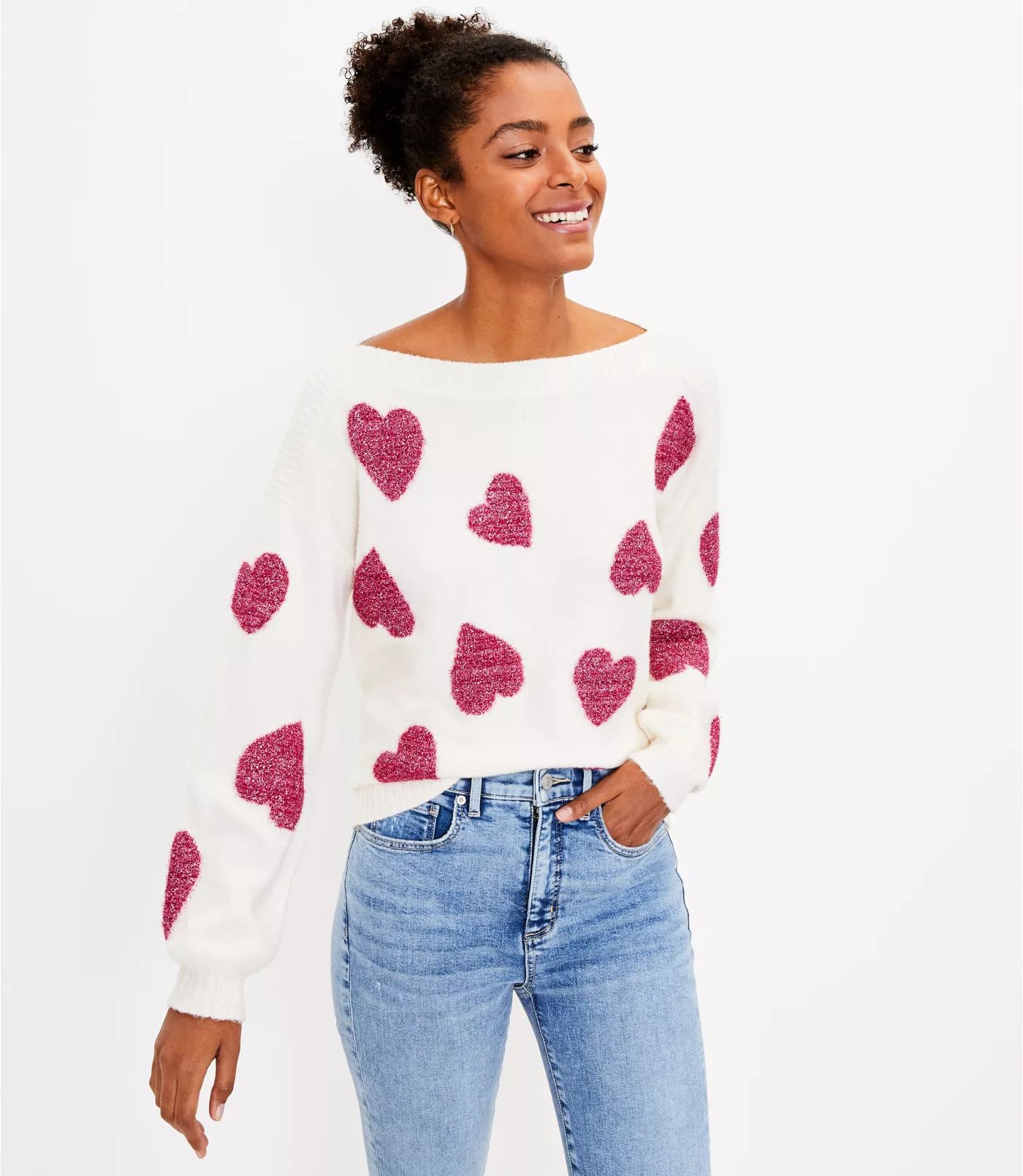 Shimmer Heart Boatneck Sweater | LOFT | LOFT