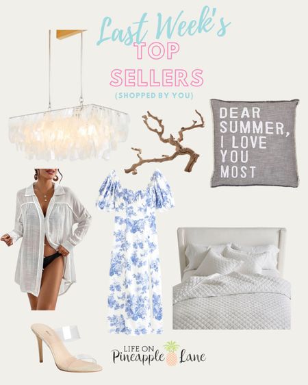 Top sellers! Capiz Shell chandelier, floral midi dress, throw pillow,swimsuit cover up, linen bedding, clear heels, grapevine branch. 

#LTKSeasonal #LTKhome