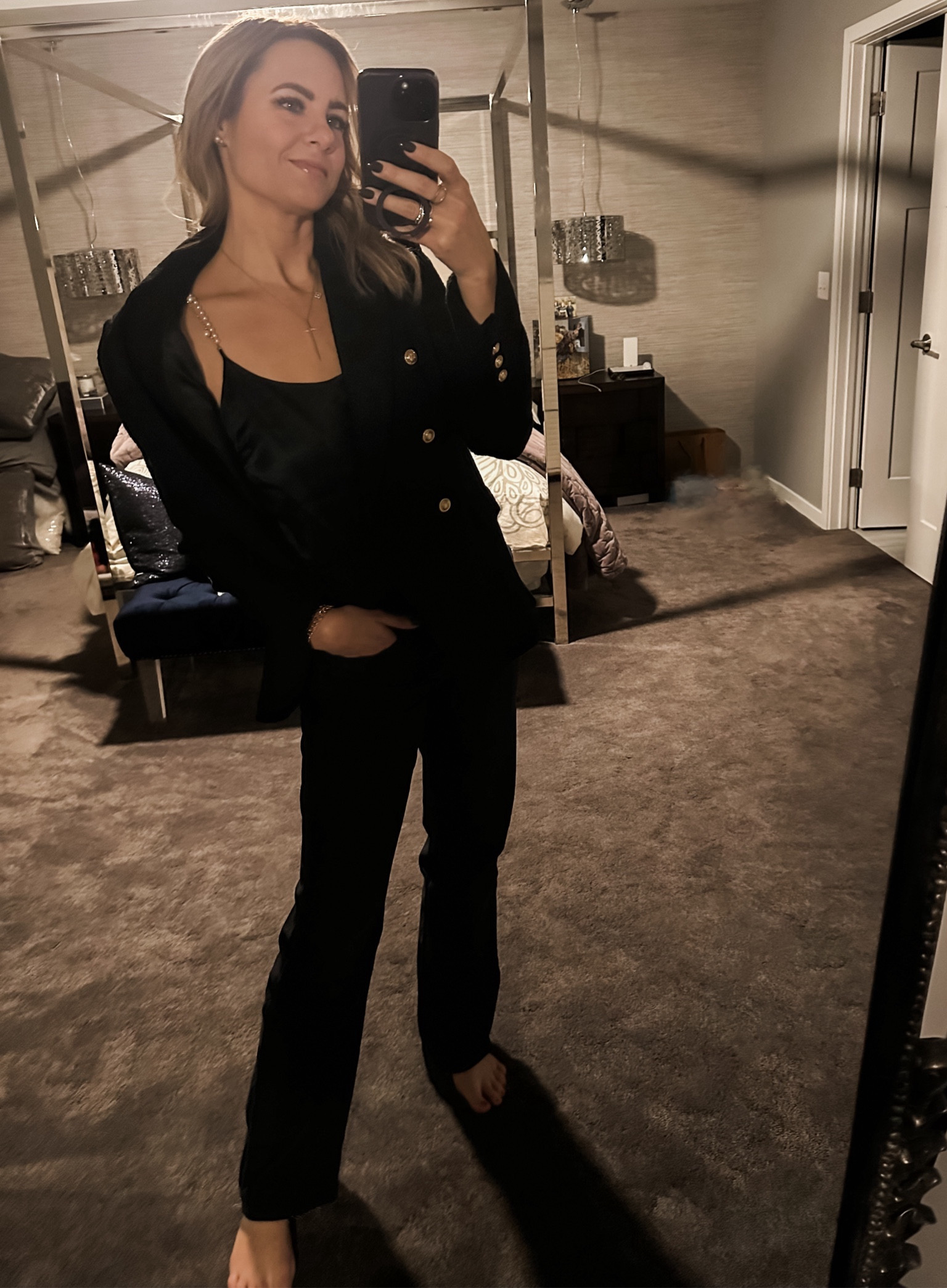 All black Thanksgiving outfit :: silk and pearl cami, straight leg denim, tweed double breasted blazer // black jeans, caminyc, Rachel Zoe blazer, Veronica Beard jeans, nippies

#LTKSeasonal #LTKCyberWeek #LTKstyletip