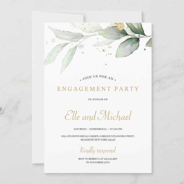 Boho greenery eucalyptus gold splashes engagement invitation | Zazzle | Zazzle