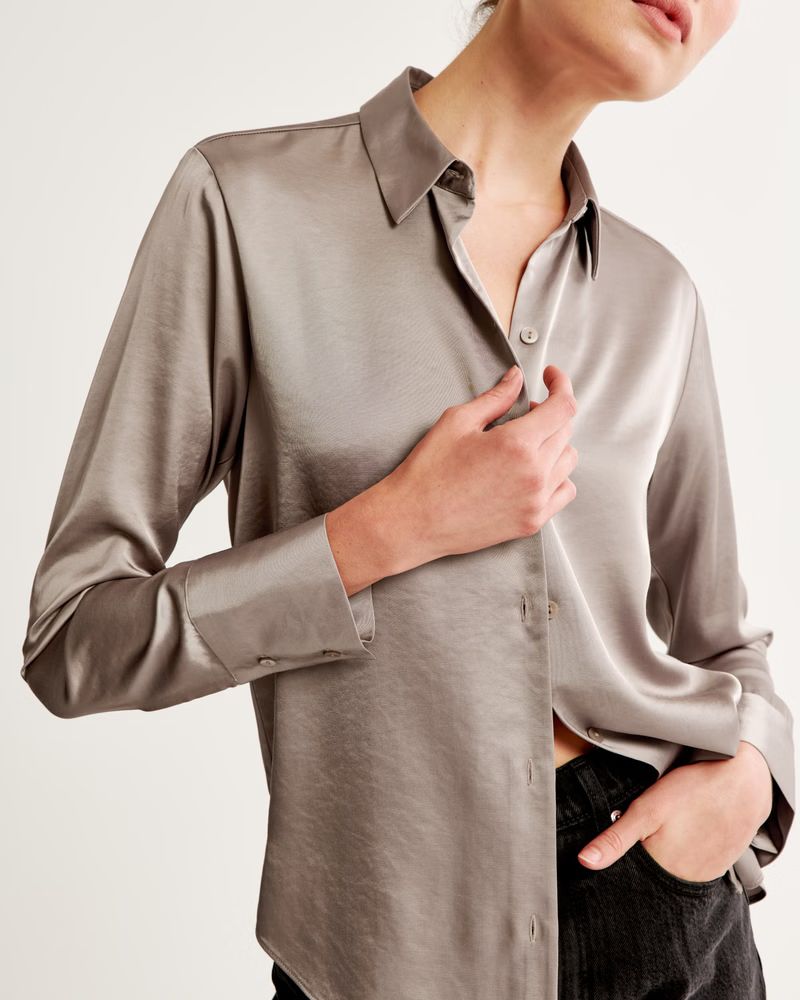 Long-Sleeve Satin Button-Up Shirt | Abercrombie & Fitch (US)