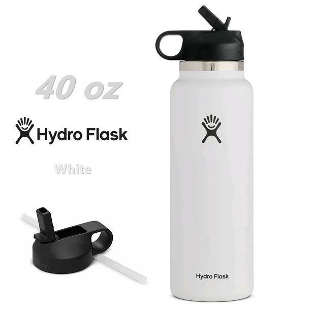Hydro Flask 40oz Wide Mouth Water Bottle w/ Straw Lid 2.0 Stainless Steel & Vacuum Insulated, Whi... | Walmart (US)