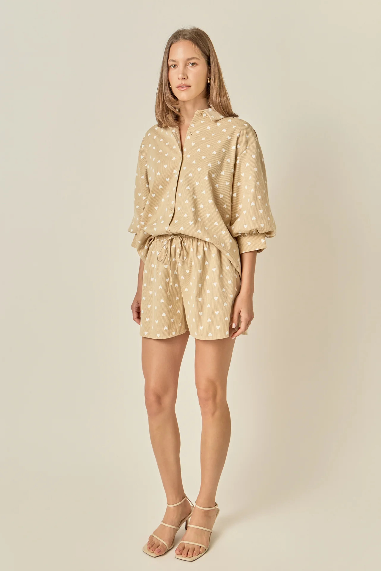 Heart Print Pinstripe Drawstring Shorts | English Factory