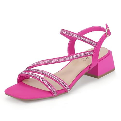 IDIFU Hot Pink Heels Rhinestone Strappy Heels for Women Low Block Chunky Heels Square Open Toe Slingback Heeled Sandals Prom Comfortable Sparkly Dressy Trendy Short Heels(Hot Pink Rhinestone,12) | Amazon (US)
