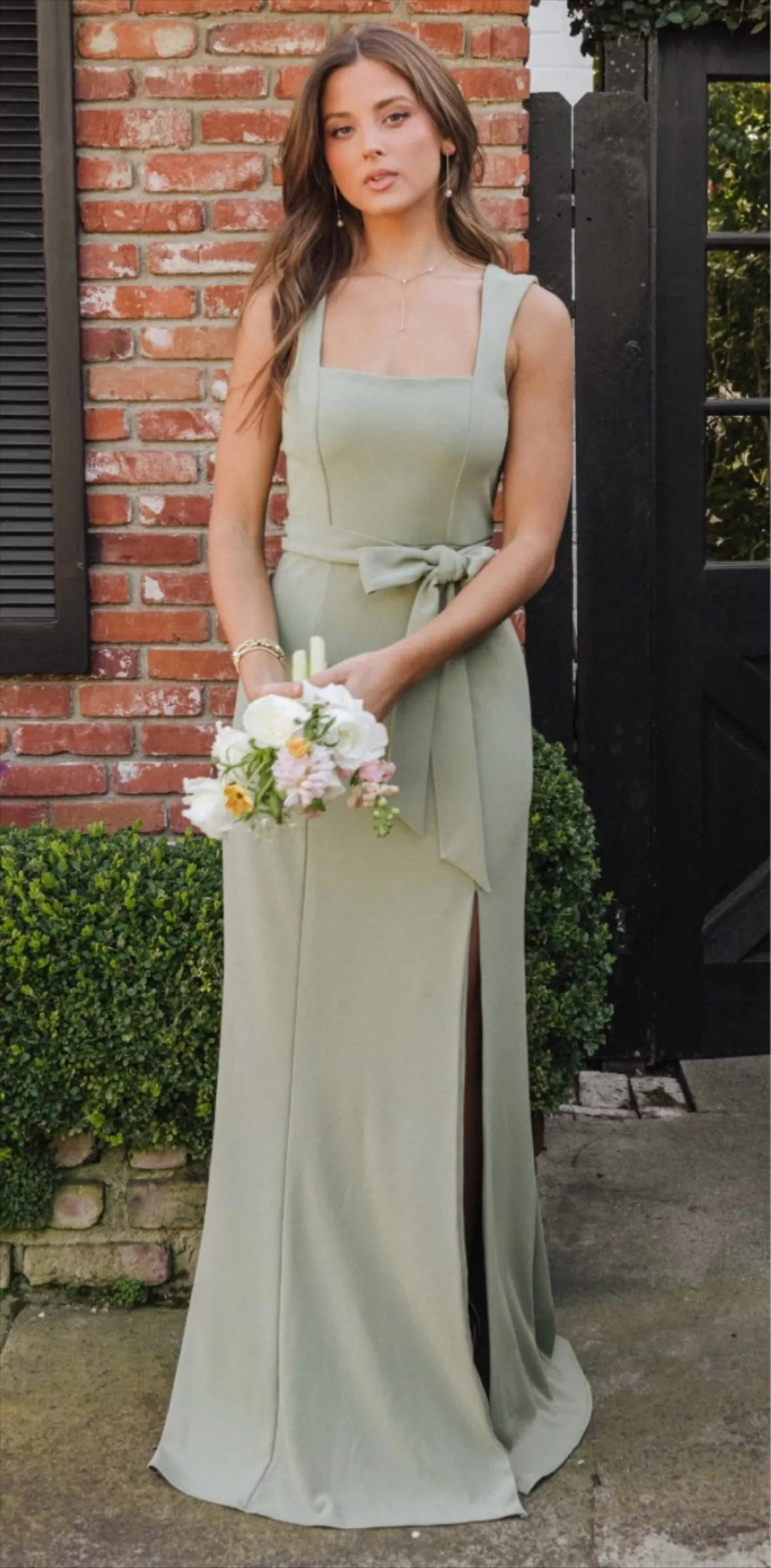 moss green bridesmaid dresses Satin With Pockets Lisposa flowing chiffon fabric Ruffles Sleeves Satin Midi Bridesmaid