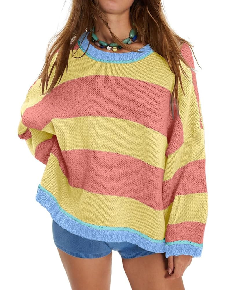 Womens Fall Color Block Striped Sweater Crewneck Long Sleeve Loose Pullover Sweaters Knitted Tops | Amazon (US)