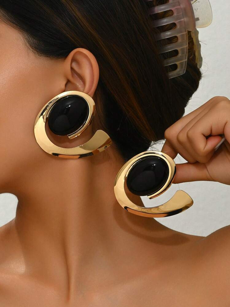 2pcs Sexy Exaggerated Geometric Teardrop Leopard Print 18K Gold, Black, Transparent Oval Convex Resin Inlaid Women's Large Hoop Earrings. Multiple Sizes And Colors Available, Suitable For Party, Vacation Wear. The Resin Surface Has A Friction Gloss After Water Washing. To Protect It, We Have Added A Protective Film, Please Peel It Off With Your Beautiful Hands Before Wearing. | SHEIN